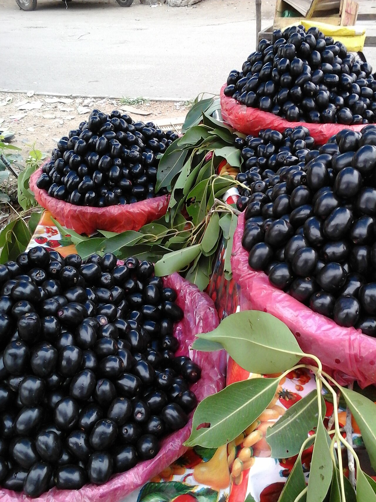 Jamun - neredu or syzygium cumini being put up in baskets for sale.